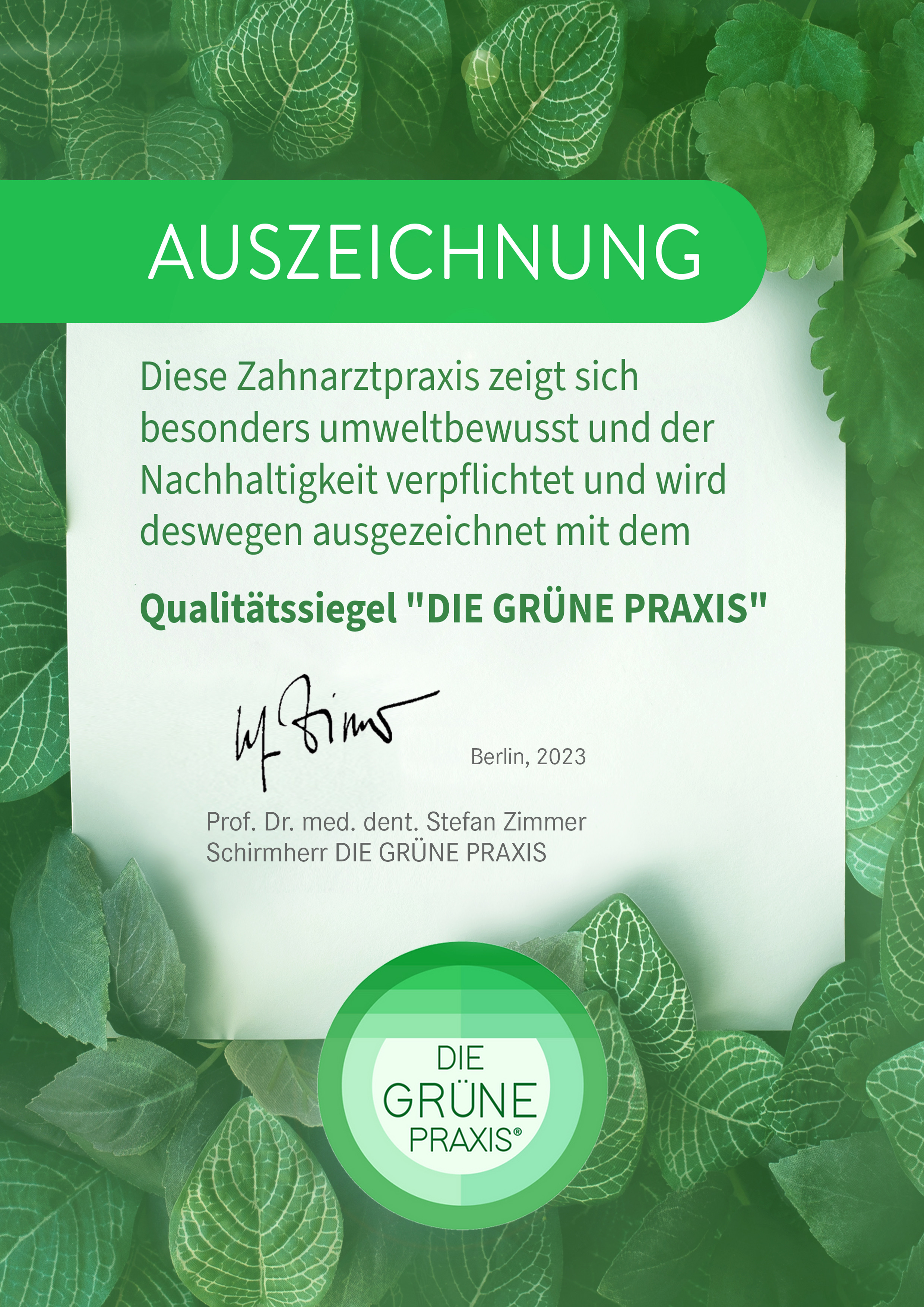 Siegel "Die Grüne Praxis" erhalten!